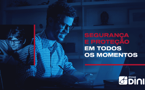 Menino usando óculo com filtro de luz azul mexendo no celular e homem com óculo com filtro de luz azul usando o notebook