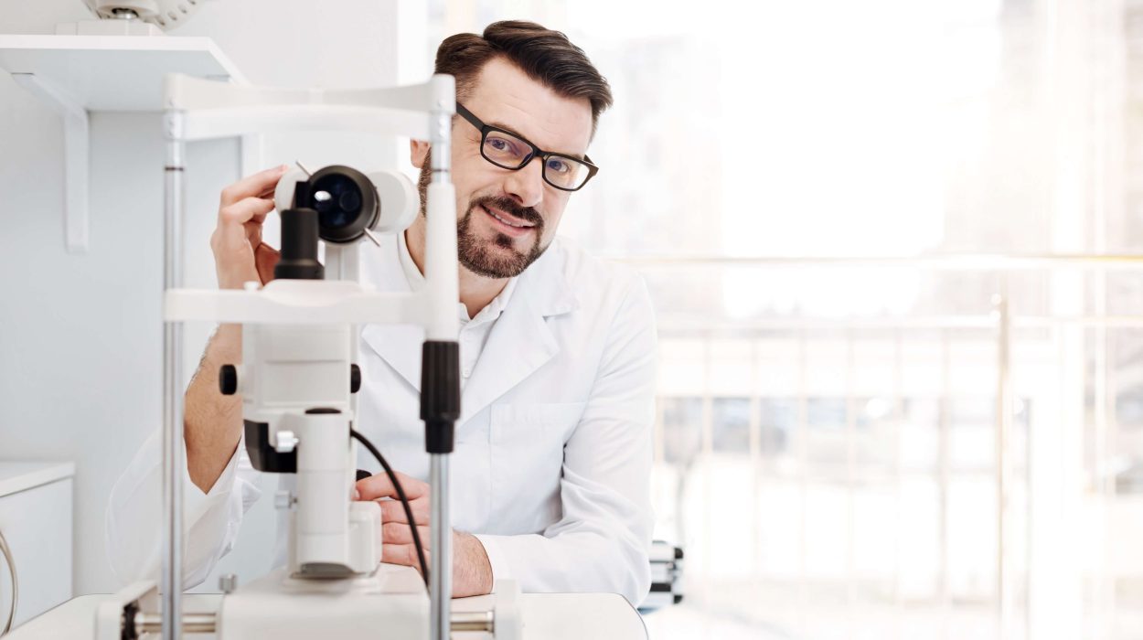 Médico Oftalmologista segurando Oftalmoscópio, usado em exame de vista