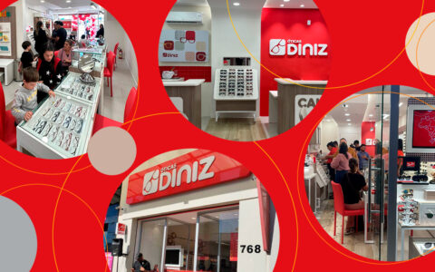 Imagem com quatro fotos de novas lojas das óticas Diniz