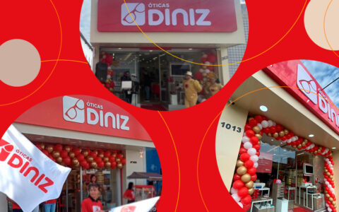 Imagem com três fotos de novas lojas das óticas Diniz com clientes