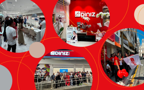 Imagem com quatro fotos de novas lojas das óticas Diniz com clientes