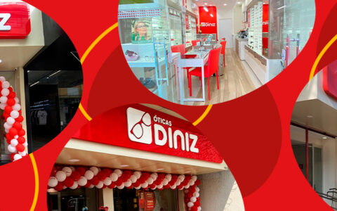 Imagem com fotos das inaugurações de lojas das Óticas Diniz em setembro de 2024