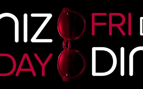 Imagem com fundo na cor preta e com óculos escuros. Há o texto escrito em branco e vermelho "Diniz Friday"